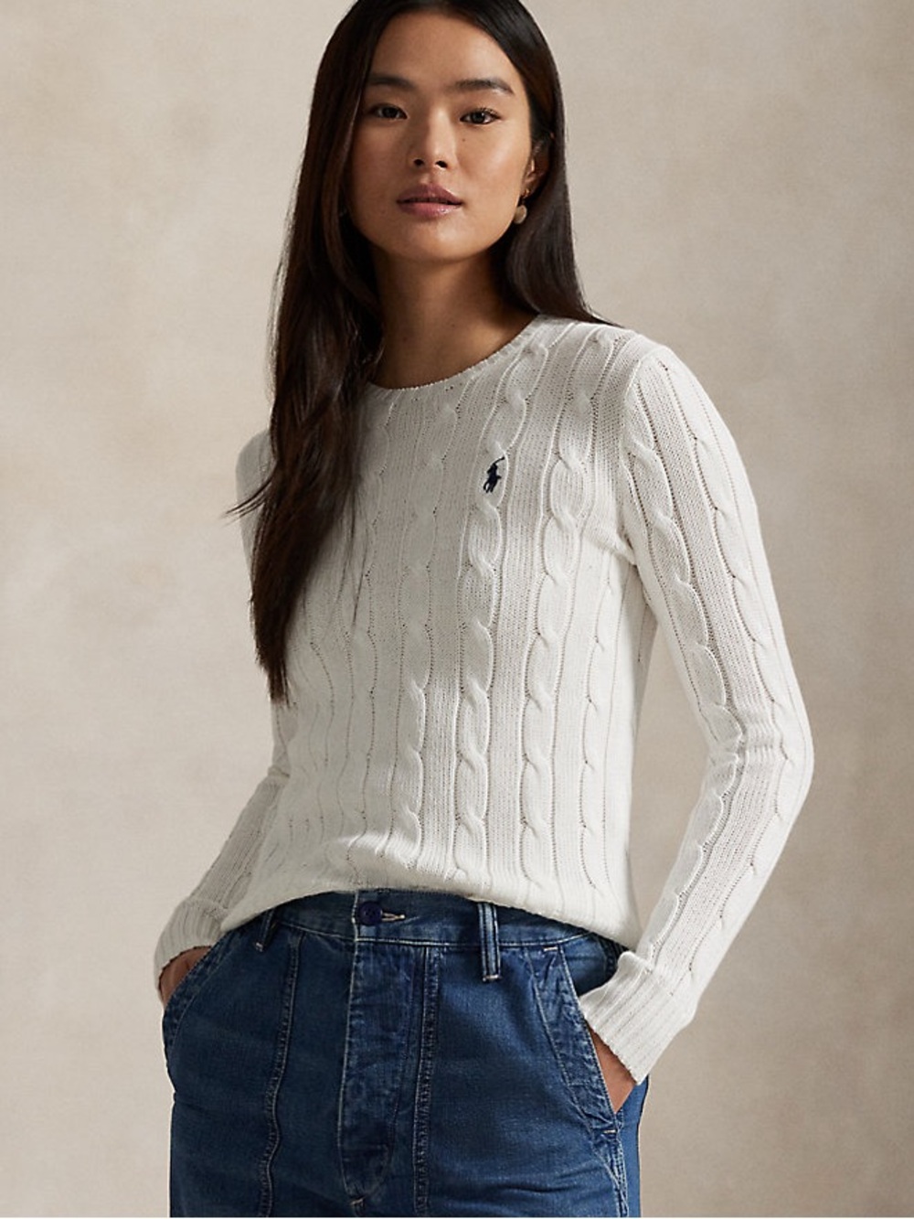Lauren Ralph Lauren Women's L Cable Knit Crewneck Sweater in Off White